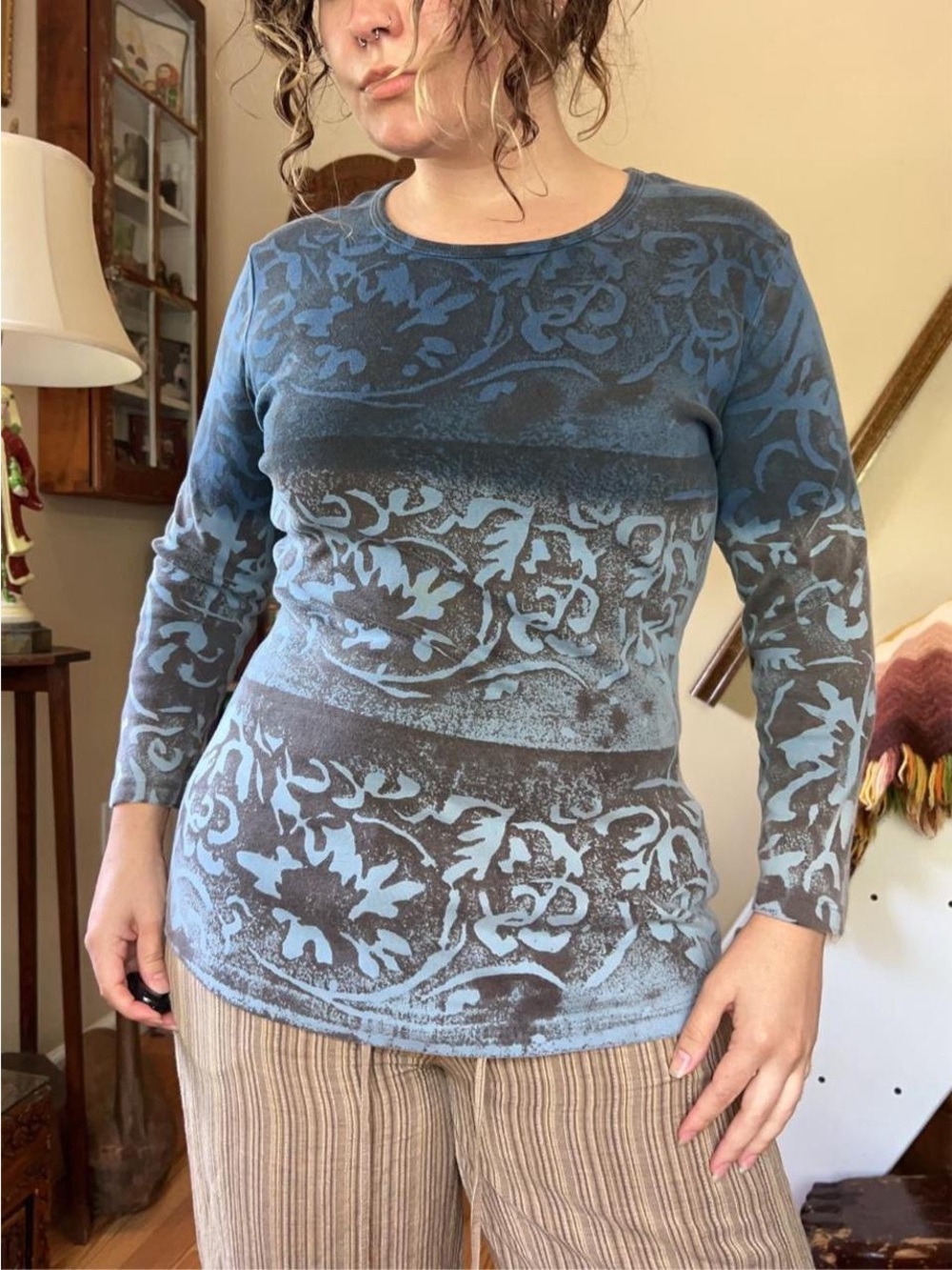 Vintage Y2K Tryst Blue Floral Vine Stamp Print Long Sleeve Top Women’s XL